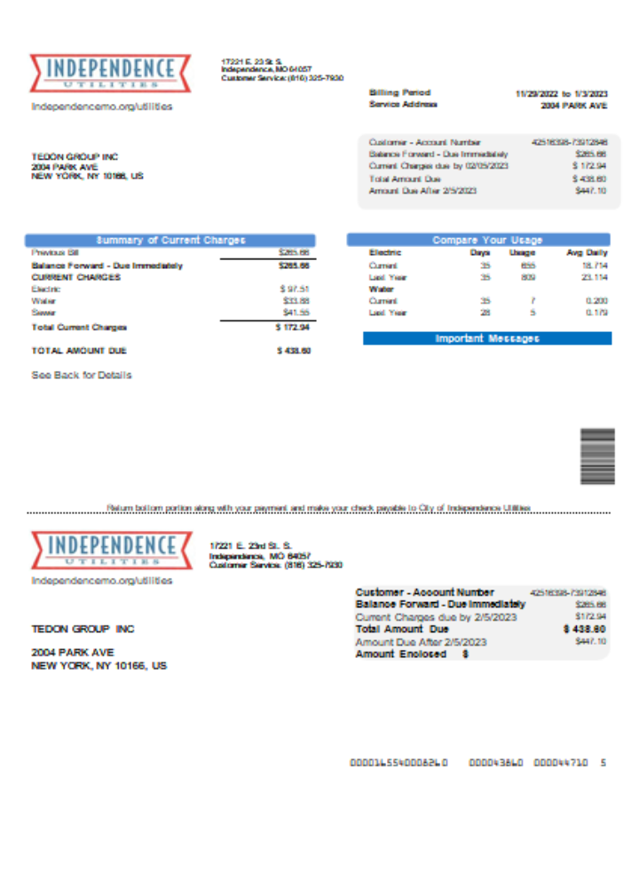 City of Independence Utilities Center (IUC) utility business bill, SCR PSD template